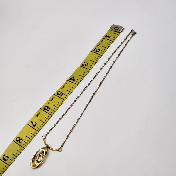 Vintage Dainty Guilloche Painted Flower Small Dangle Rhinestone 15" Necklace - Picture 4 of 4